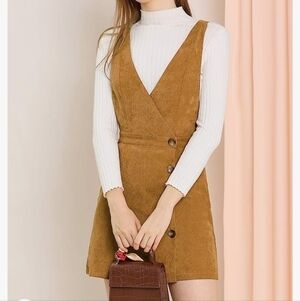 NWT Allegra K light corduroy jumper suspender skirt with buttons